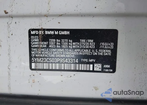 2023 BMW Xm z USA, uszkodzony, nr VIN 5YM23CS03P9S43314